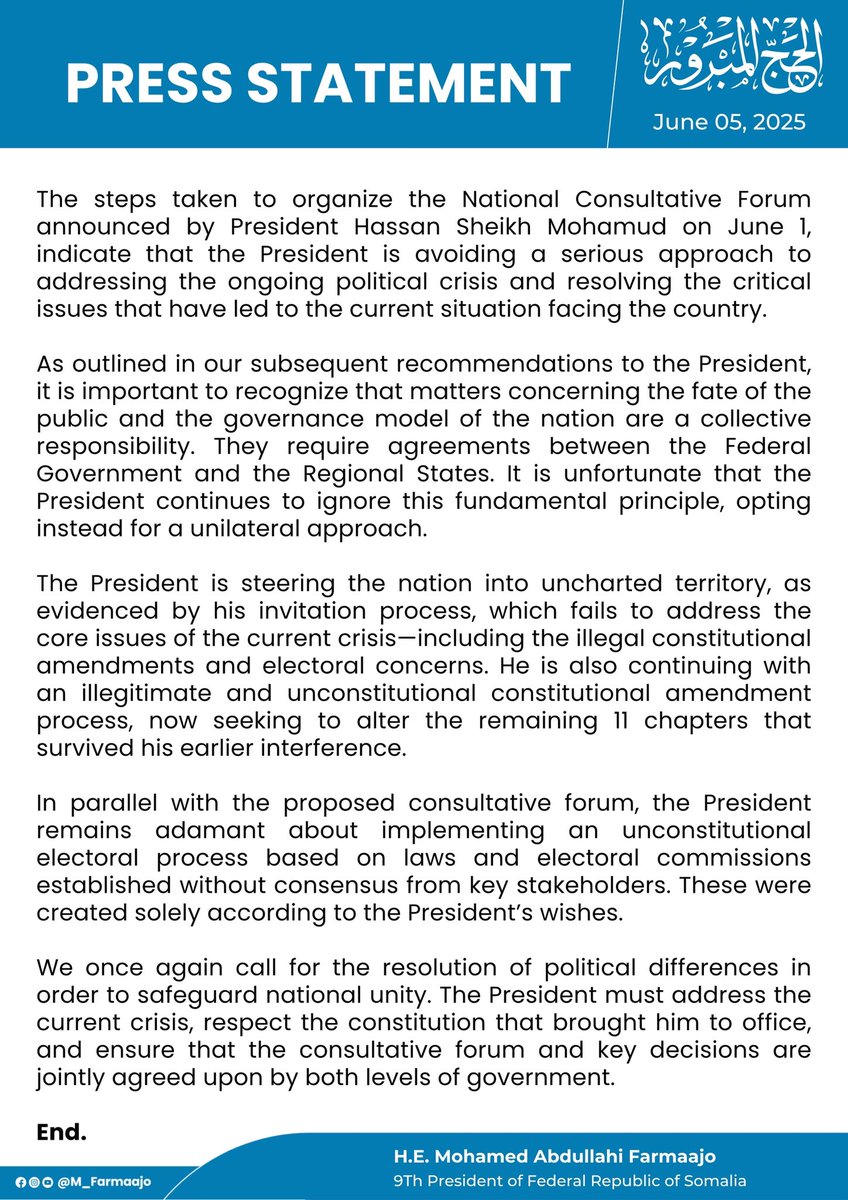 Mohamed Farmaajo (@m_farmaajo) on Twitter photo The hasty steps taken to organize the National Consultative Forum by <a href="/HassanSMohamud/">Hassan Sheikh Mohamud</a> on June 1, indicate that he is avoiding a serious approach to addressing the ongoing political crisis and resolving the critical issues that have led to the current situation facing the country. The hasty steps taken to organize the National Consultative Forum by <a href="/HassanSMohamud/">Hassan Sheikh Mohamud</a> on June 1, indicate that he is avoiding a serious approach to addressing the ongoing political crisis and resolving the critical issues that have led to the current situation facing the country.