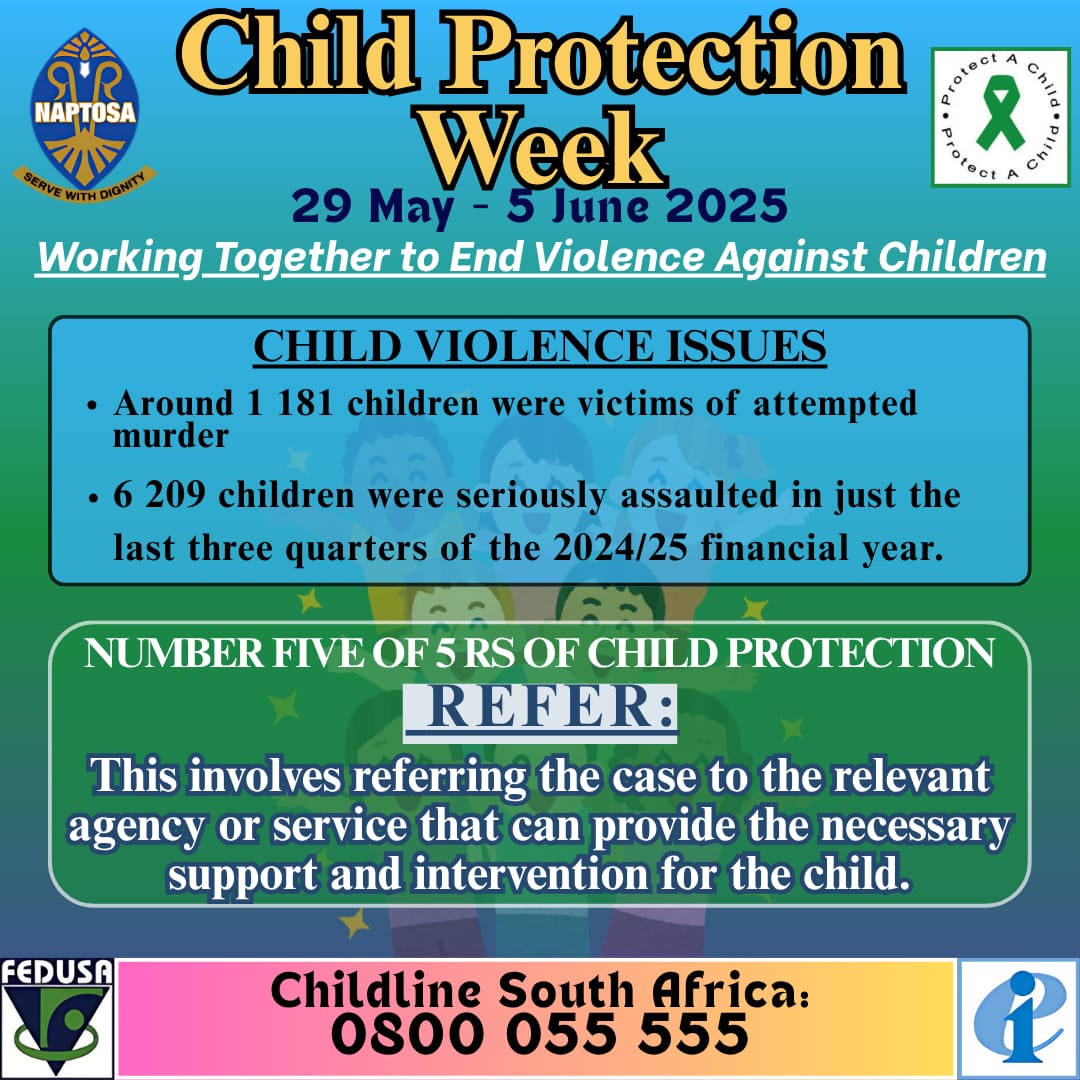 NAPTOSA_TEACH's tweet image. Child Protection Week may be ending, but our efforts shouldn't. Let's continue to protect and care for our children every day.
#ChildProtectionWeek2025
#SafeSchoolsEqualSafeNation 
#EndViolenceAgainstChildren
#5RsOfChildProtection
#NAPTOSAcares