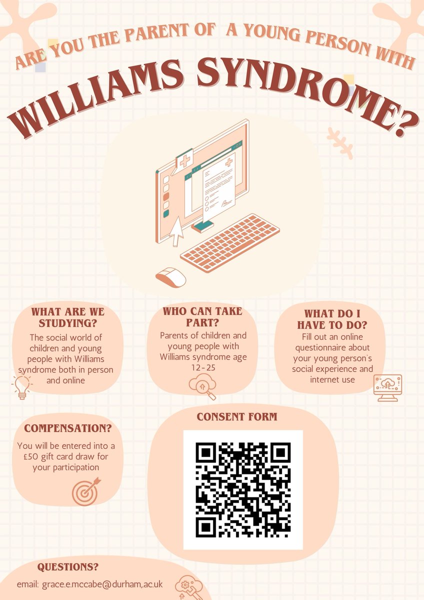Williams Syndrome UK (@wsf_uk) on Twitter photo Participants needed for research study! <a href="/durham_uni/">Durham University</a> require young people with Williams Syndrome aged 12 - 25 and their parents, to take part in a study on the social world of people with WS. Please scan the QR codes or email: grace.e.mccabe@durham.ac.uk.
youtube.com/watch?v=WL-Y4M… Participants needed for research study! <a href="/durham_uni/">Durham University</a> require young people with Williams Syndrome aged 12 - 25 and their parents, to take part in a study on the social world of people with WS. Please scan the QR codes or email: grace.e.mccabe@durham.ac.uk.
youtube.com/watch?v=WL-Y4M…