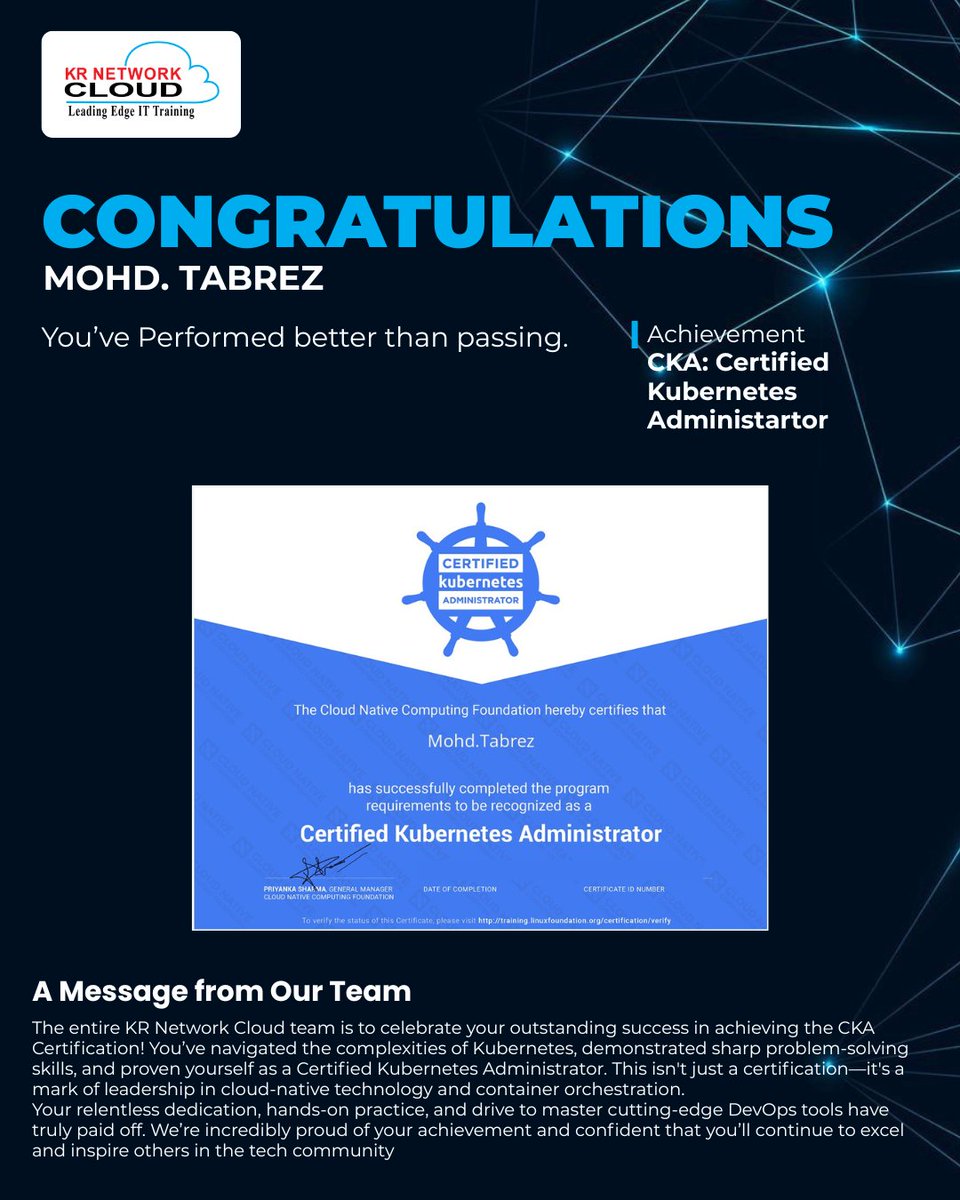 KRNetworkCloud1's tweet photo. 🎉💼 𝐁𝐢𝐠 𝐂𝐨𝐧𝐠𝐫𝐚𝐭𝐬 𝐭𝐨 Mohd. Tabrez
📸 𝐒𝐰𝐢𝐩𝐞 𝐭𝐨 𝐬𝐞𝐞 𝐭𝐡𝐞 𝐜𝐞𝐥𝐞𝐛𝐫𝐚𝐭𝐢𝐨𝐧 𝐨𝐟 𝐭𝐡𝐢𝐬 𝐩𝐫𝐨𝐮𝐝 𝐦𝐢𝐥𝐞𝐬𝐭𝐨𝐧𝐞!
#CKA #CertifiedKubernetesAdministrator #Kubernetes #DevOpsSuccess #CloudNative #LinuxFoundation #KRNetworkCloud #TechAchievement https://t.co/nybr3UrGGJ