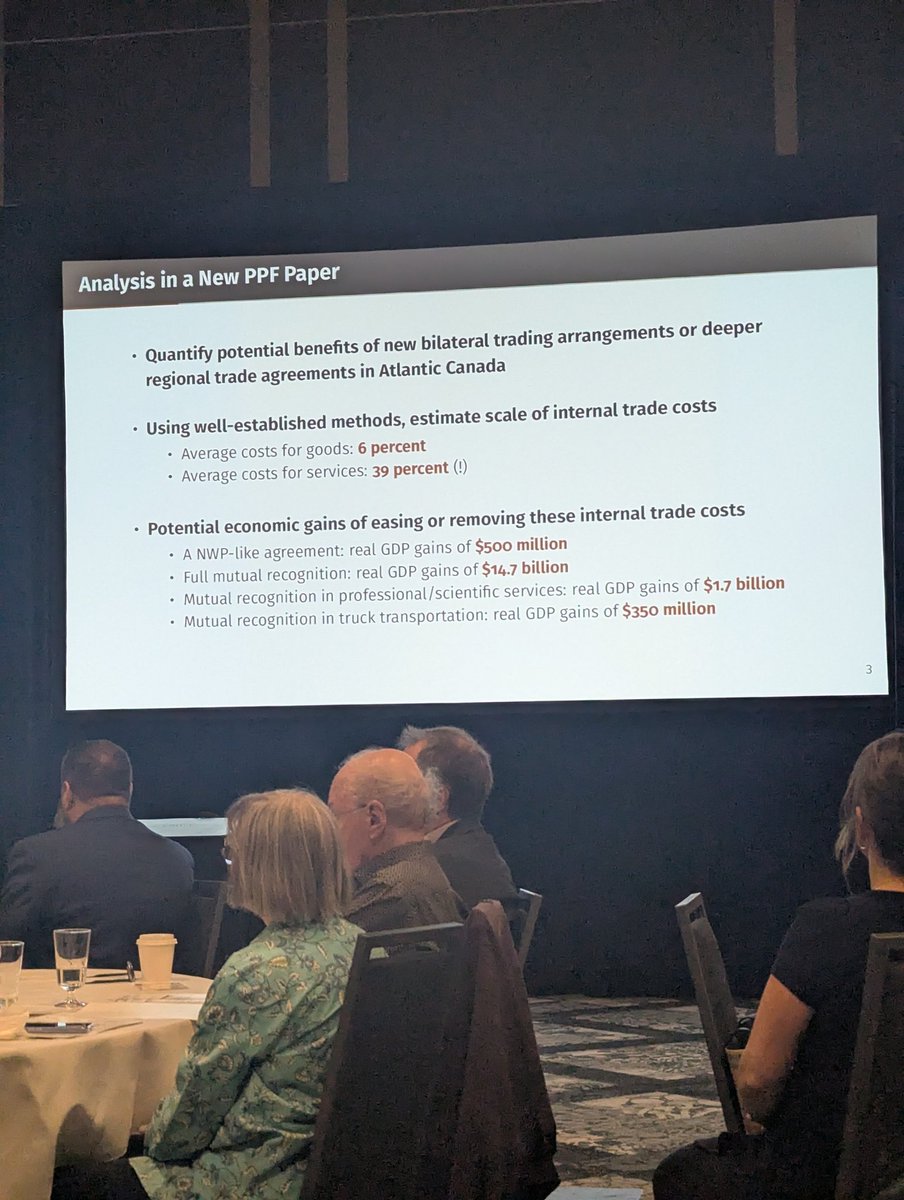 Listening to <a href="/trevortombe/">Trevor Tombe</a> this morning on the benefits of the liberalization of provincial trade barriers in Canada. 

Atlantic Canadians have a trade barrier cost on services of 39%! 

#trade