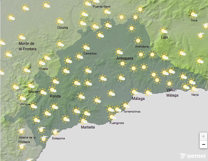 🌞La predicción de <a href="/AEMET_Esp/">AEMET</a> hoy #6junio en #Málaga 👇

☁️ Cielos poco nubosos o despejados, con intervalos de nubes bajas y brumas o posibles nieblas en el litoral.
🌡️ Temperaturas: Máx. 32º- Mín. 18º
🌬️ Vientos flojos variables.