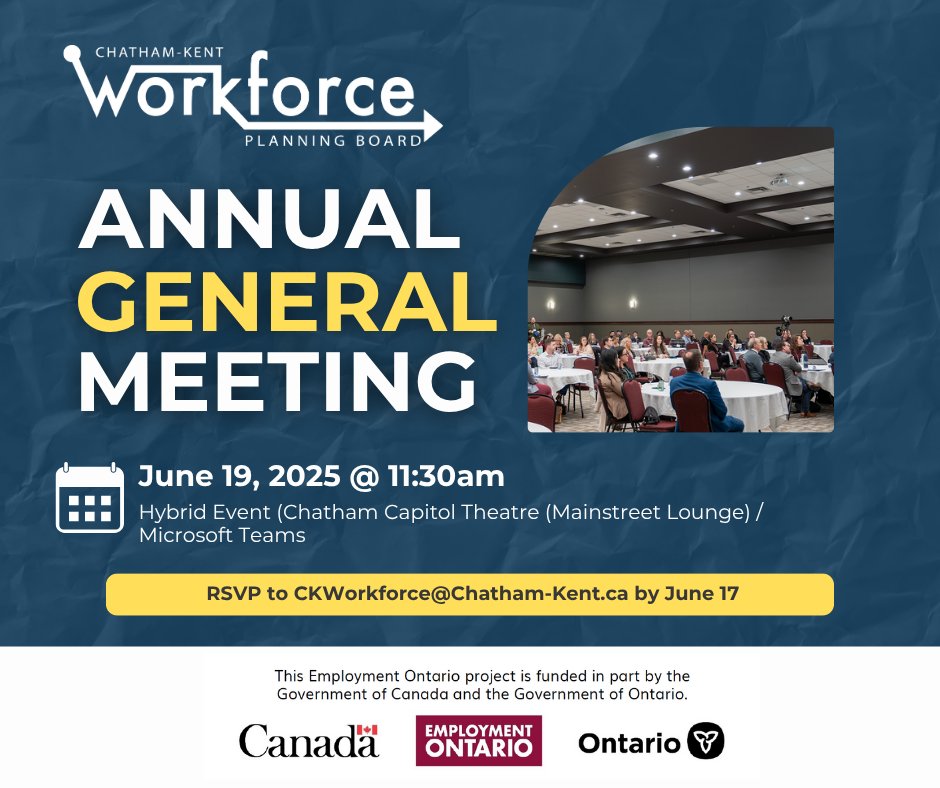 CKWorkforce's tweet image. Join the Chatham-Kent Workforce Planning Board for its Annual General Meeting on Thursday, June 19, from 11:30AM-12:00PM.

Please RSVP to CKWorkforce@Chatham-Kent.ca.

Find out more about the work of the CKWPB at CKWorkforceDev.com