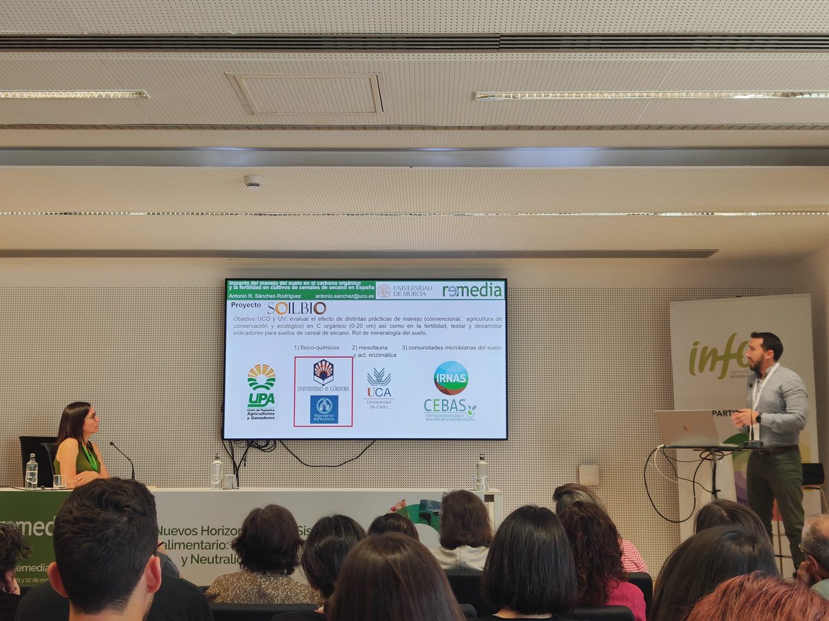 📢#SOILBIO estuvo en el workshop “Nuevos Horizontes en el Sistema Agroalimentario: Hacia la Sostenibilidad y neutralidad Climática” donde Antonio R Sánchez-Rodríguez habló de la mejora del #carbono orgánico y la fertilidad de los #suelos en la agricultura ecológica.
