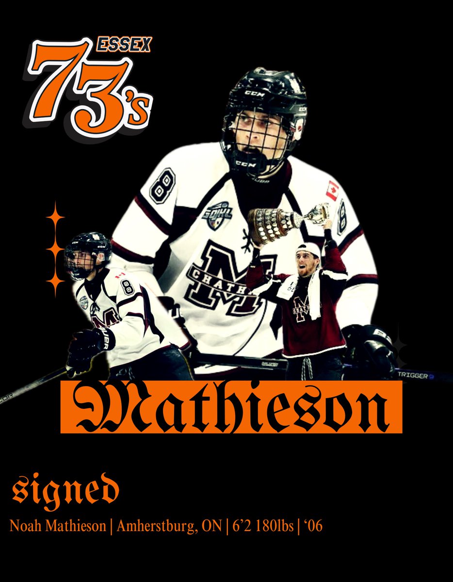 The Essex 73’s are excited to welcome Noah Mathieson for the 2025-26 season!
A 2022 OHL Draft pick (15th Rd, 293rd overall – Barrie Colts) and 2025 Sutherland Cup Champion with the Chatham Maroons, Noah will be a welcome addition to the team!
Welcome to the 73’s family, Noah!