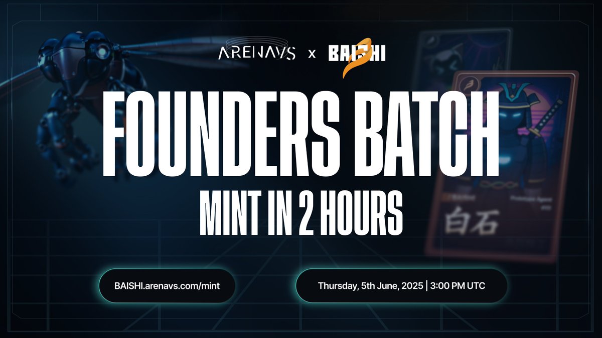 🚨 2 HOURS UNTIL BAISHI MINT!

1,500 <a href="/playbaishi/">BAISHI</a> AI companions.

Trained to learn. Built to earn.

And it all starts today.

⏰Mint: June 5 @ 3 PM UTC
Chain: Base
Hosted on: ArenaVS

🔗Wallet Checker: baishi.arenavs.com/check
🔗Mint Here: baishi.arenavs.com/mint

How to mint:
1.