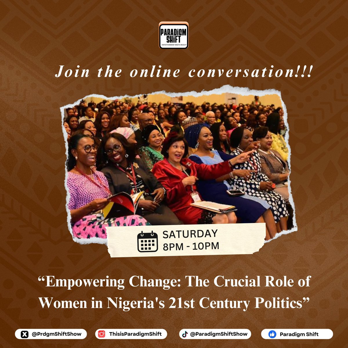 prdgmshiftshow's tweet photo. From activism to leadership, Nigerian women are reshaping our political future. Let’s talk challenges, impact, and the path forward.

Set a Reminder to be part of the conversation: 
https://t.co/kMbMsQRDIy https://t.co/7wzGps9A3d