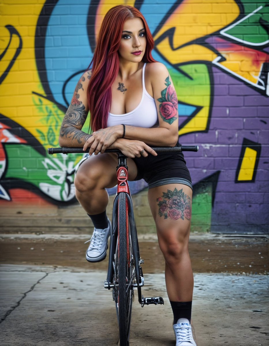 HaileyEmbers's tweet image. The #picschallenge theme this week is #bicyclechallenge, so you know I had to roll up and show out. 🚴‍♀️

Painted walls, spinning wheels, and a fire that doesn’t fade— Every ride is rhythm. Every moment, motion. Street style, inked skin, and legs that don’t quit. 

#FixieGirls #AI