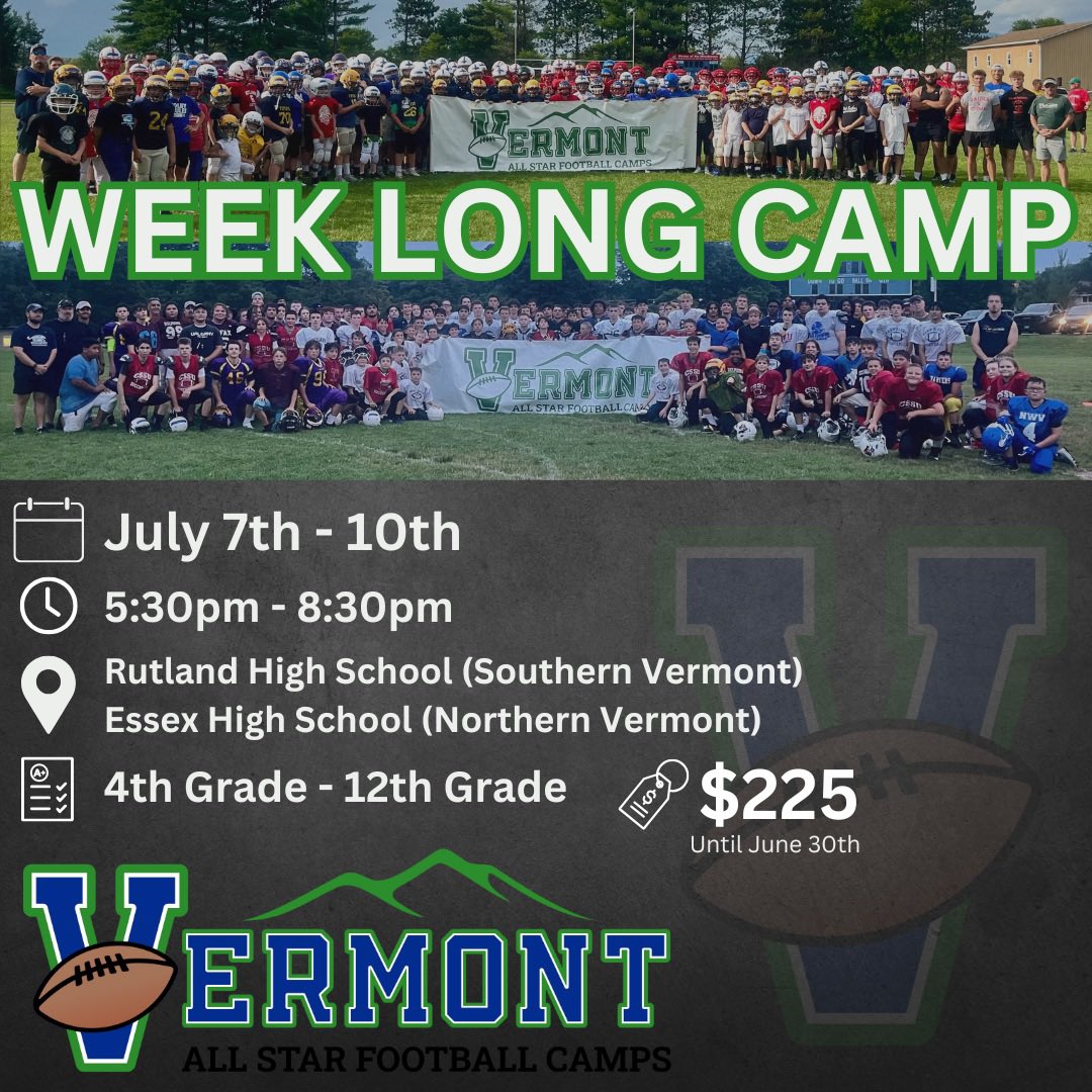 Vermont All-Star Football Camps (@vtfootballcamps) on Twitter photo Only 5 weeks away! Kickoff your 2025 season in July with <a href="/vtfootballcamps/">Vermont All-Star Football Camps</a>.
vermontallstar.playbookapi.com/programs/regis… Only 5 weeks away! Kickoff your 2025 season in July with <a href="/vtfootballcamps/">Vermont All-Star Football Camps</a>.
vermontallstar.playbookapi.com/programs/regis…