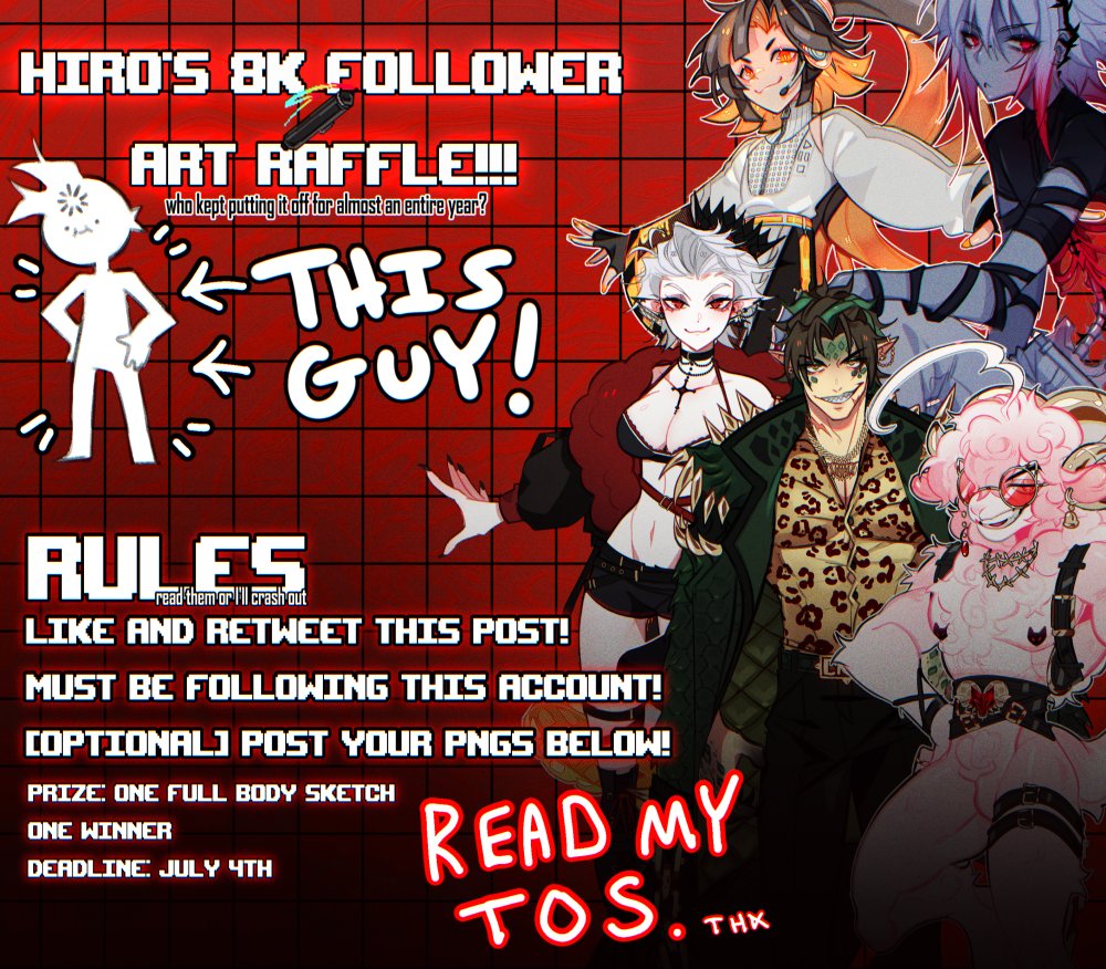 ✨8k Follower Art Raffle!✨
One winner will receive a full body sketch of their character!
🥩Like &amp; Retweet this post![do not QT]
🥩Must be a follower! 
🥩 Colored, clear references only. [ no video game screenshots or sketchbook doodles please.]

🥩[Opt.] Comment your PNG