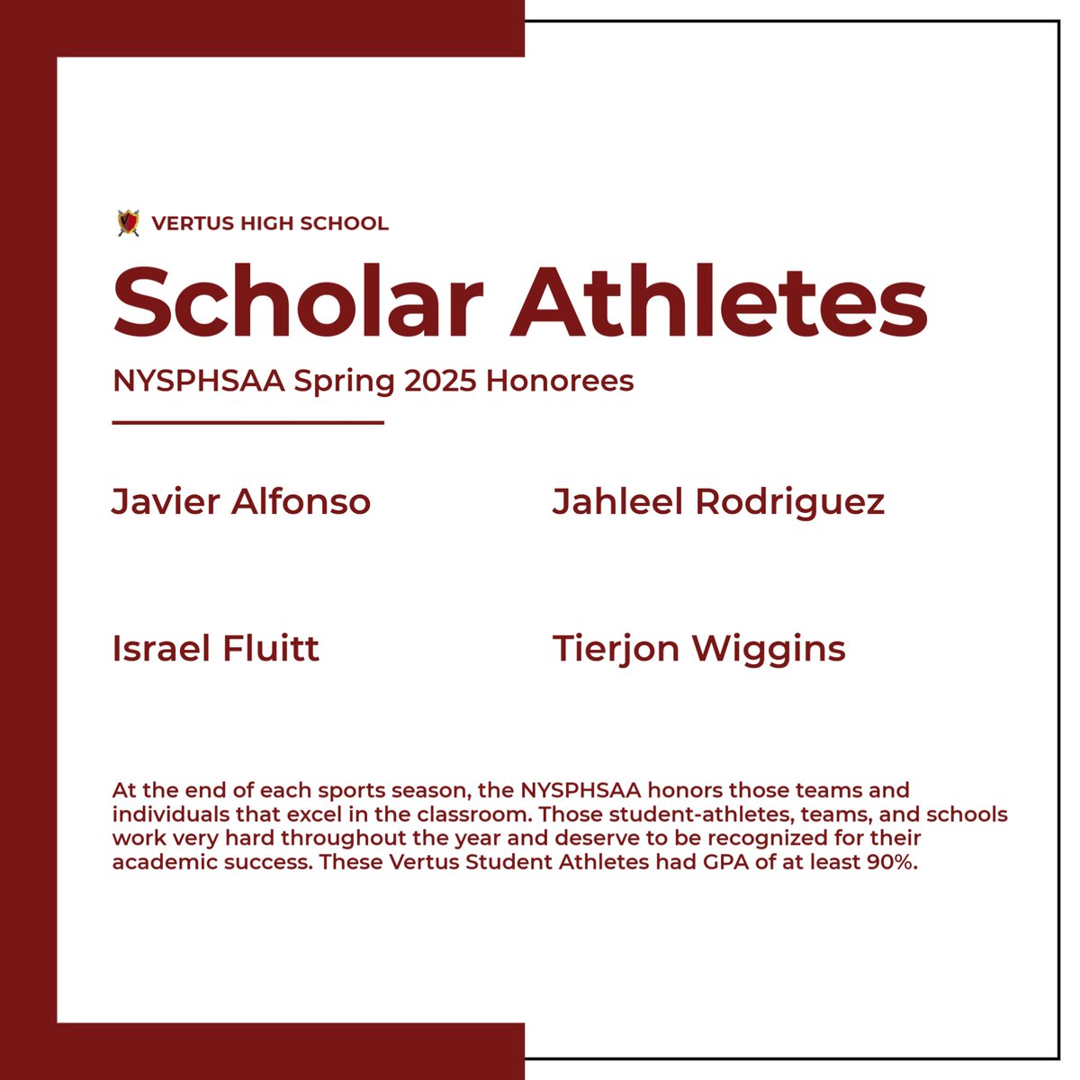 VertusAthletics's tweet photo. ✨ Congratulations to our Spring 2025 NYSPHSAA Scholar Athletes! These stars shine in the classroom just as much as they do on the track! ✨
#vertustrack #vertusathletics #vertusdifference https://t.co/rW0HGDKW7x