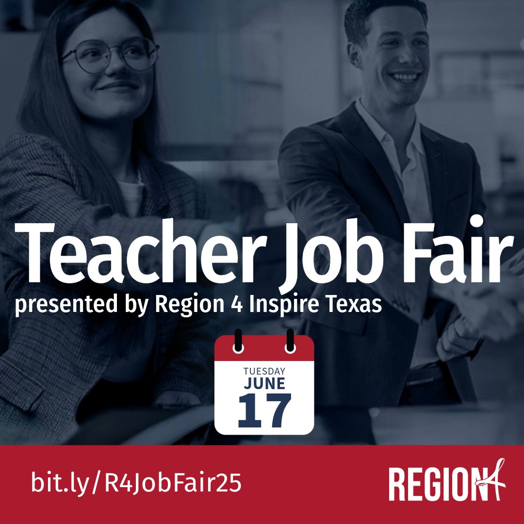 Region 4 Teacher Job Fair is June 17 at 9 AM!
Meet hiring districts, explore open roles, and learn how to start your career in education.

Aspiring teachers, subs, paras &amp; grads welcome.

🔗 Register + see who's hiring: bit.ly/R4JobFair
