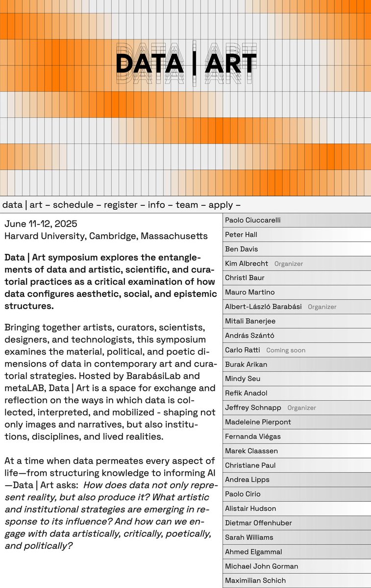 Excited to speak at Data Art Symposium alongside brilliant friends and collabs. 
> “How does  data not just represent reality, but produce it?” 
Join us June 11–12 at Harvard! data-art.info
Organized by <a href="/metalabharvard/">metaLAB (at) Harvard & FU Berlin</a> <a href="/NUnetsi/">Network Science Institute</a> <a href="/barabasi/">Albert-László Barabási</a> Lab.