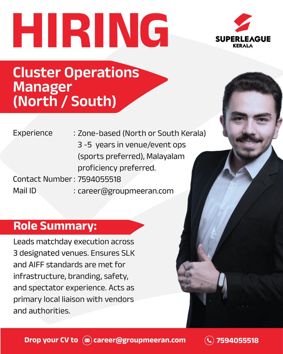 slk_kerala's tweet image. Are you passionate about all things related to sports and are looking for a career in it? Join the team of Super League Kerala and let’s work together to rewrite Kerala’s football history together.
Send your CV's to: info@superleaguekerala.com
#SuperLeagueKerala #JoinSLK…