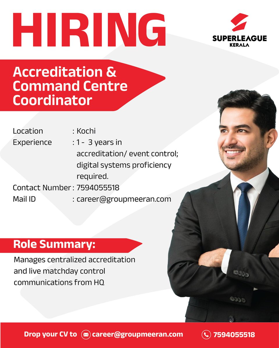 slk_kerala's tweet image. Are you passionate about all things related to sports and are looking for a career in it? Join the team of Super League Kerala and let’s work together to rewrite Kerala’s football history together.
Send your CV's to: info@superleaguekerala.com
#SuperLeagueKerala #JoinSLK…