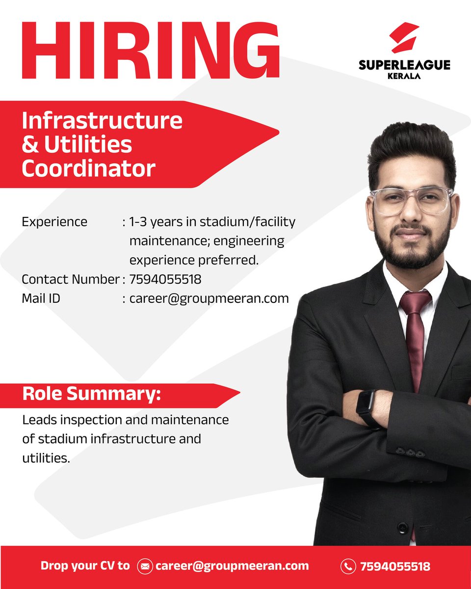 slk_kerala's tweet image. Are you passionate about all things related to sports and are looking for a career in it? Join the team of Super League Kerala and let’s work together to rewrite Kerala’s football history together.
Send your CV's to: info@superleaguekerala.com
#SuperLeagueKerala #JoinSLK…