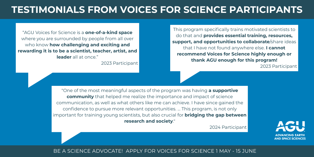 Gain the confidence to communicate your science clearly to policymakers and the public with AGU Science Policy's Voices for Science training. Applications are open May 1 – June 15. agu.org/honors/voices-…