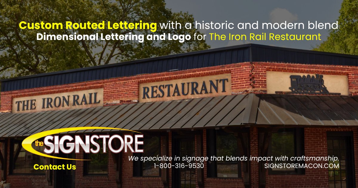 signstoremacon's tweet image. New install alert: We helped The Iron Rail Restaurant in Bolingbroke, GA turn heads with bold PVC lettering and a custom train logo. Built for character. Designed to last.

Call 1-800-316-9530 or visit signstoremacon.com
#SignInstall #BolingbrokeGA #DimensionalSigns