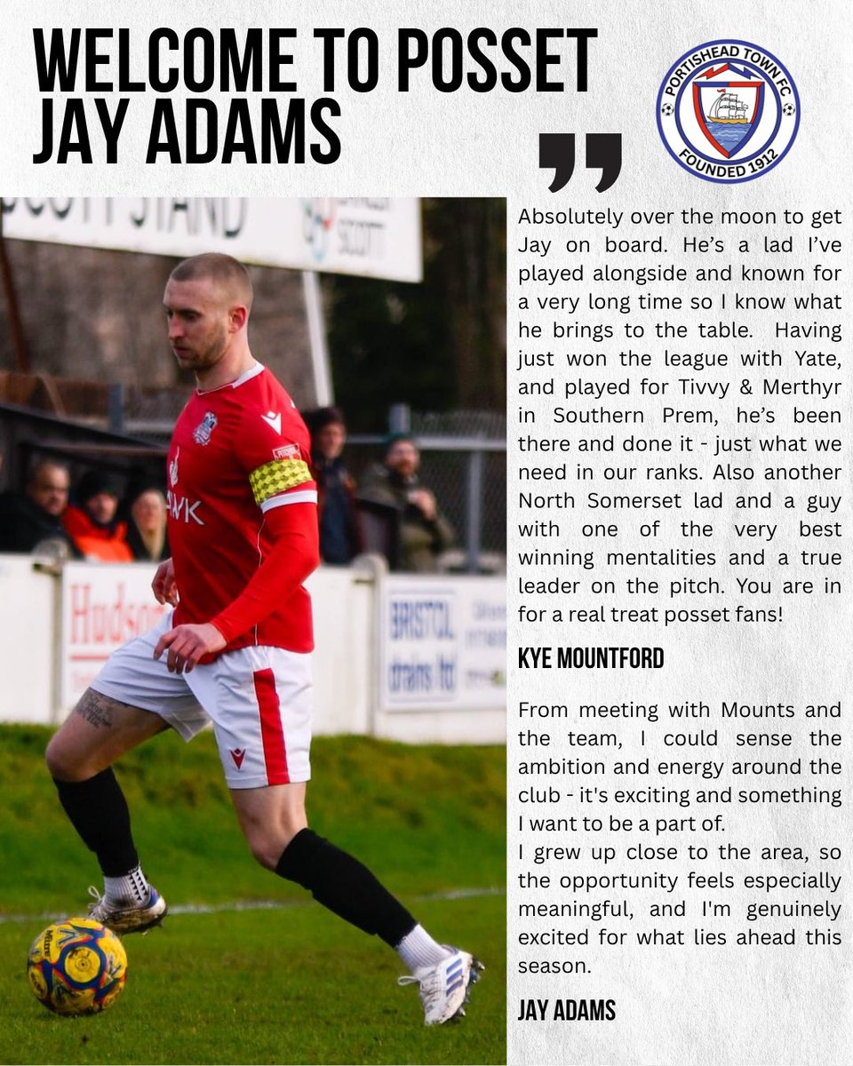 Portishead Town FC π (C) again. (@portisheadtown) on Twitter photo ADAMS IS PART OF THE FAMILY βπ½
Hereβs one to get excited about Posset fansβ¦ midfield maestro Jay Adams lands at Bristol Road!
Former Yate Town & Manor Farm captain joins the ranks. Jay has represented Merthyr & Tiverton in the southern leagues also! 
Welcome on board! 
π€π€ ADAMS IS PART OF THE FAMILY βπ½
Hereβs one to get excited about Posset fansβ¦ midfield maestro Jay Adams lands at Bristol Road!
Former Yate Town & Manor Farm captain joins the ranks. Jay has represented Merthyr & Tiverton in the southern leagues also! 
Welcome on board! 
π€π€