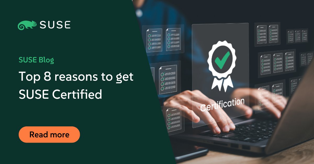 TEasterly's tweet photo. 🚀 Want to gain a competitive #edge and boost your career? 💡 Showcase your #opensource and SUSE technology expertise with SUSE Certification. 📣 Check out @SUSE's latest blog for the top 8 reasons to get SUSE certified: https://t.co/K5bcIRa9mG https://t.co/5O6Ls4Mqjs