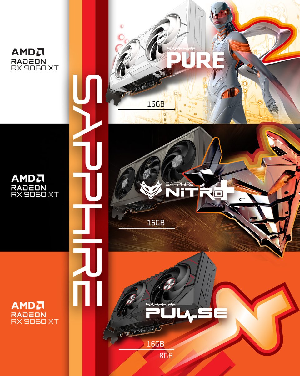 MAKE EVERY PLAY COUNT. AMD Radeon™ RX 9060 XT in SAPPHIRE NITRO+, SAPPHIRE PURE &amp; SAPPHIRE PULSE. Available now.
.
.
#GPU #graphicscard #AMD #Radeon #gaming #hardware