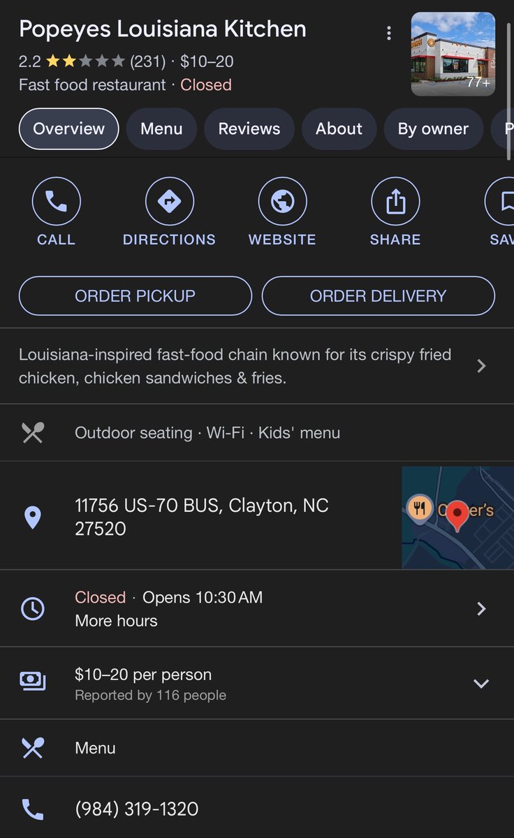 _drippbayless_'s tweet photo. @Popeyes  seriously needs to have some quality control applied to this location in Clayton NC. I’ve never seen a new location with such bad reviews before, they run out of items like fries, and chicken take 15-30 for orders with no crowd and the staff are very rude!!!! https://t.co/YEw5LCt0jz