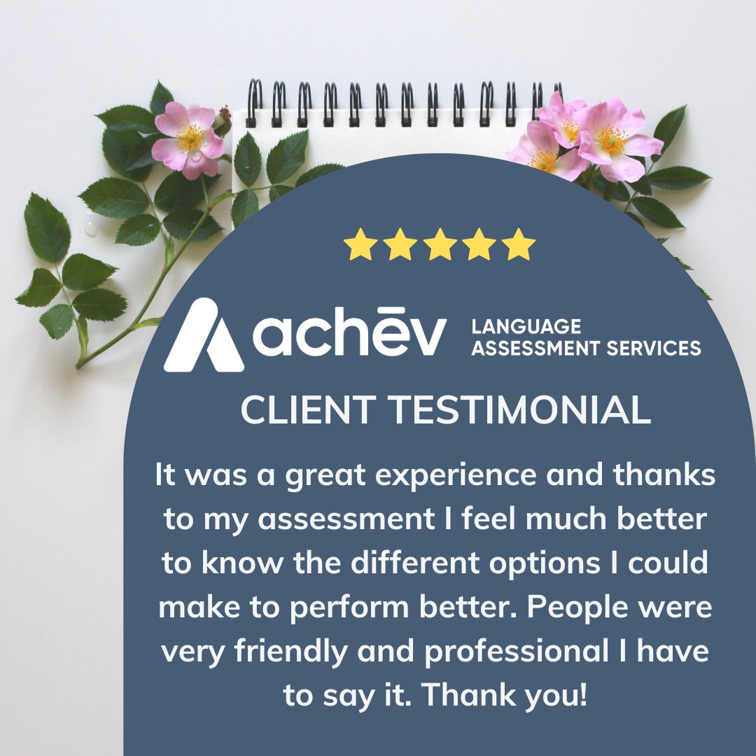 Happy Testimonial Thursday! Client testimonials are always great to reinforce the wonderful work done by Achēv’s Language Assessment Services team. Thank you for your kind words!

#testimonialthursday #testimonial #languageservices #learnEnglish #learnFrench