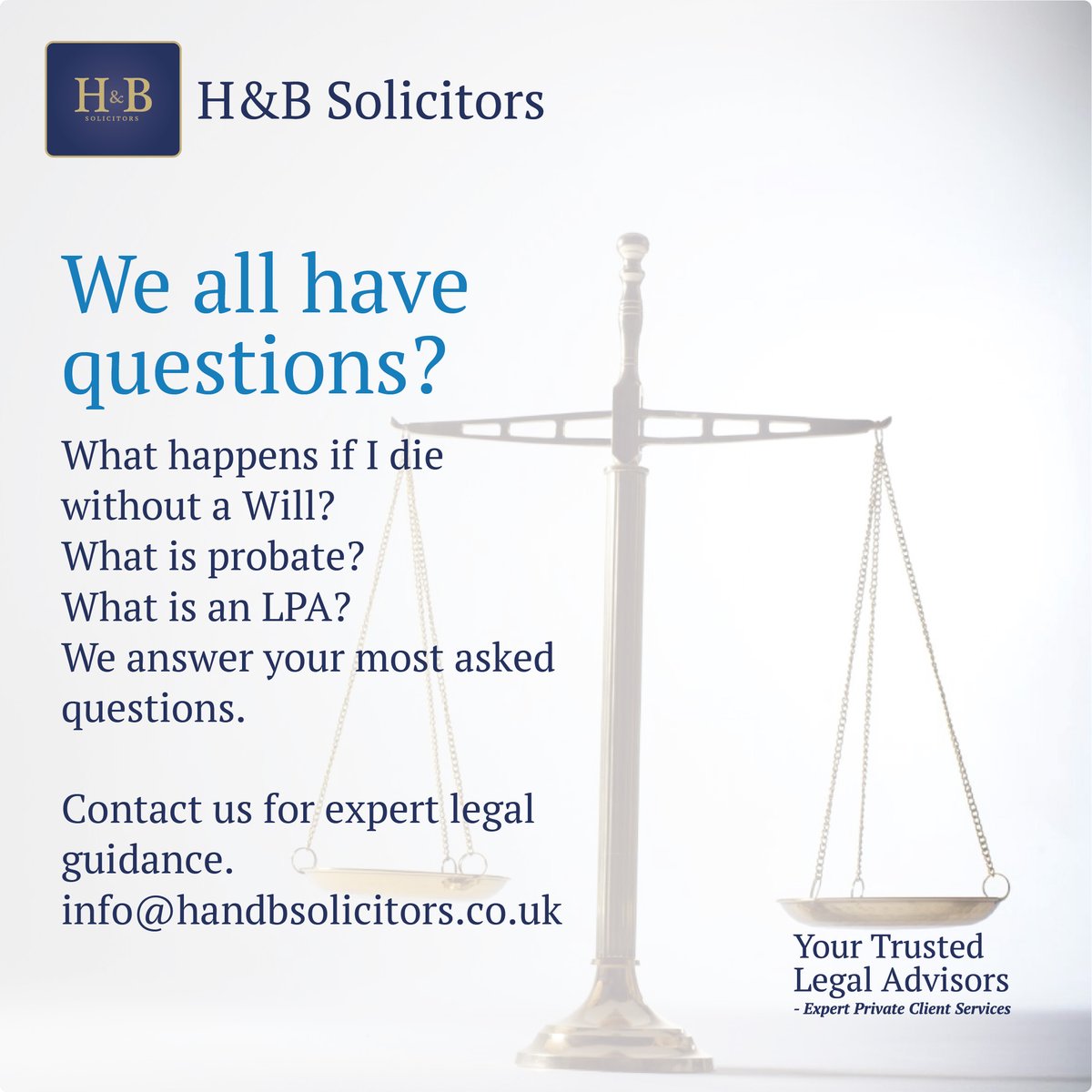 SolicitorsHB's tweet image. What happens if I die without a Will?
What is probate?
What is an LPA?
We answer your most asked questions.

DM us your question.

#legalfaq #knowyourrights #friendlylegalhelp #hertfordshirecommunity