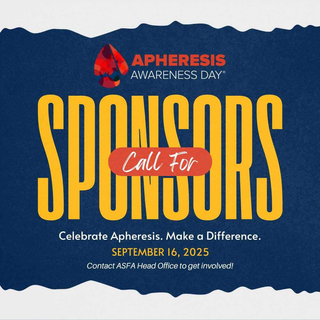 🎉 Celebrate the 6th Annual Apheresis Awareness Day on Sept 16, 2025!
Support the heroes advancing apheresis medicine.

🤝 Sponsorships: Lapel Pins, Webinar, Newsflash, Grants &amp; more.
🩸 Details: ow.ly/JWh650W4v5y

#ApheresisDay2025 #AAD2025 #ApheresisAwarenessDay #ASFA