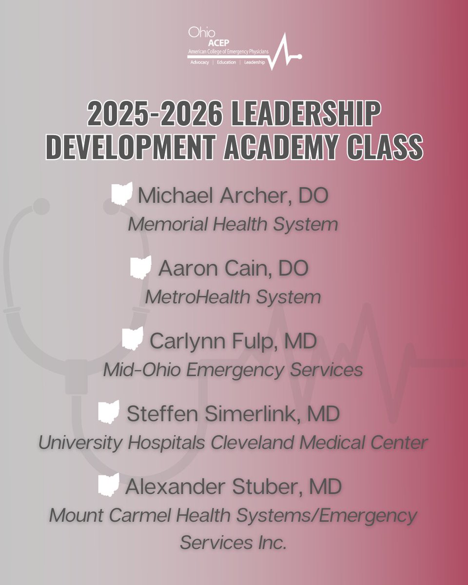 Ohio ACEP Presents the '25-'26 Leadership Development Academy Class!
🩺 Michael Archer, DO
🩺 Aaron Cain, DO
🩺 Carlynn Fulp, MD
🩺 Steffen Simerlink, MD
🩺 Alexander Stuber, MD
These participants will receive instructional sessions in political advocacy, education &amp; leadership.