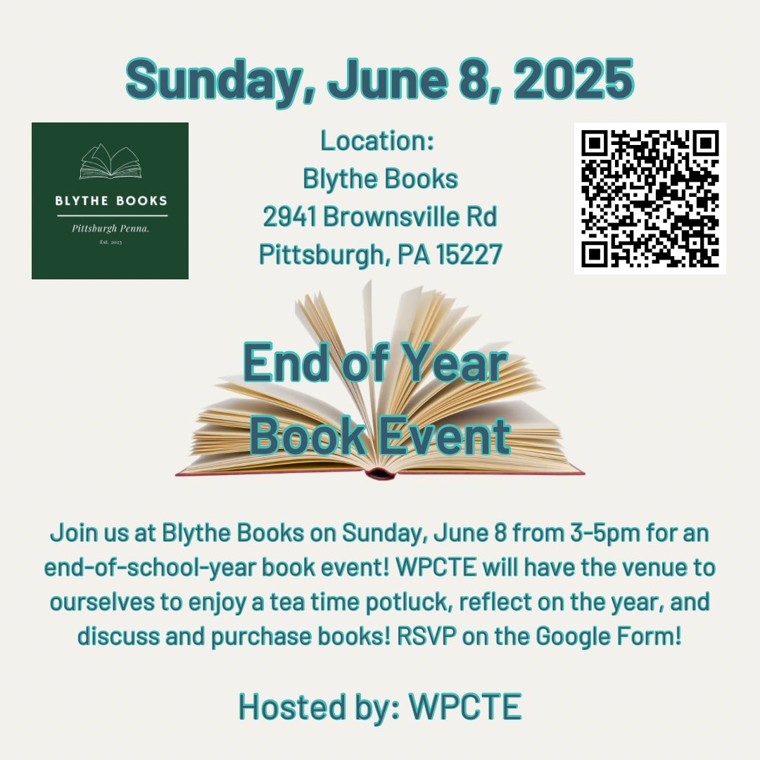 Join us at Blythe Books on June 8 from 3-5pm for an end-of-school-year event! WPCTE will have the venue to ourselves to enjoy a tea time potluck, reflect on the year, and discuss/purchase books! Everyone is welcome to the event! RSVP on the website: sites.google.com/view/wpcte/wpc…