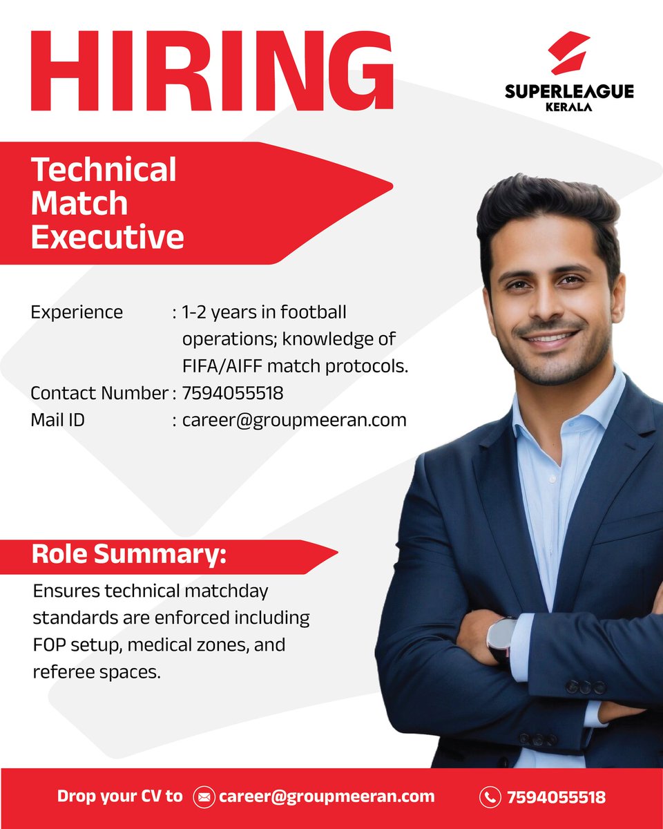slk_kerala's tweet image. Are you passionate about all things related to sports and are looking for a career in it? Join the team of Super League Kerala and let’s work together to rewrite Kerala’s football history together.
Send your CV's to: info@superleaguekerala.com
#SuperLeagueKerala #JoinSLK…