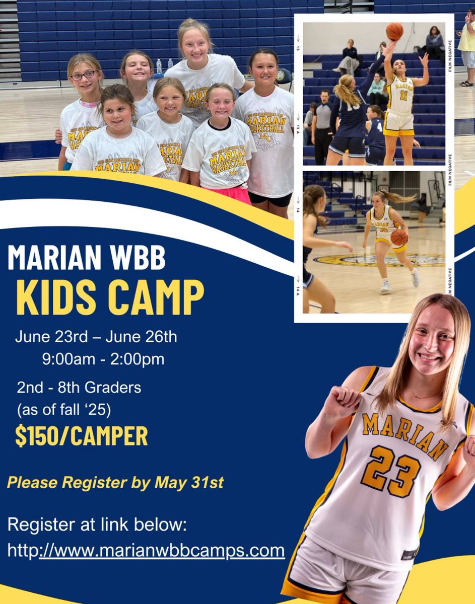 There is still time to sign up for our kids camp. Come learn from our players and coaches! Tap the link below to sign up. 

marianwbbcamps.com