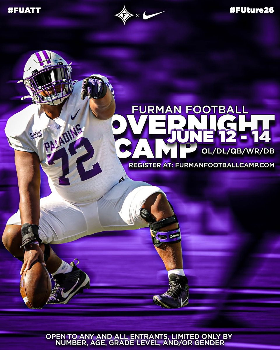 We’re just one week out from our overnight camp! Sign up now for three days of instruction from our award winning staff!

🔗: furmanfootballcamp.com/shop/EVENT