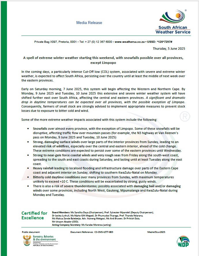 SAWeatherServic's tweet image. MEDIA RELEASE: A spell of extreme winter weather starting this weekend, with snowfalls possible over all provinces, except Limpopo