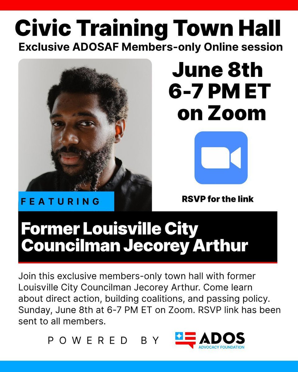 ADOS Advocacy Foundation (@adosorg) on Twitter photo ๐ข MEMBERS-ONLY ๐ข Check your email for a registration link to our upcoming civic training town hall with <a href="/jecoreyarthur/">Jecorey Arthur</a>. It's in three days! ๐ข MEMBERS-ONLY ๐ข Check your email for a registration link to our upcoming civic training town hall with <a href="/jecoreyarthur/">Jecorey Arthur</a>. It's in three days!