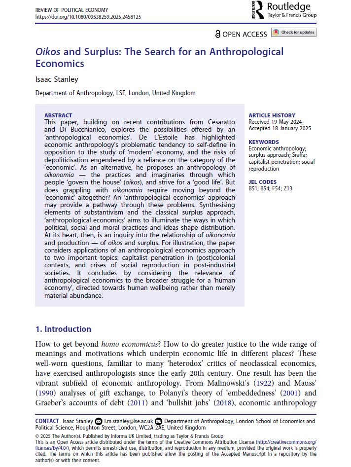 isaacmstanley's tweet image. Excited to share my new article on the search for an anthropological economics in the @ReviewofPE. It&apos;s part of an exciting (forthcoming) special issue edited by Santiago J. Gahn &amp;amp; Sylvio Kappes, marking 65 years of Sraffa&apos;s Production of Commodities by Means of Commodities (1/5)