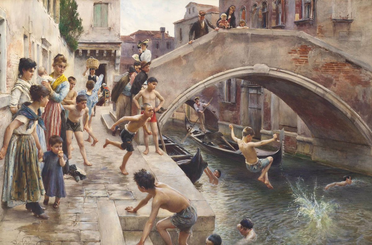 Ludwig Passini (1832-1903), Figures on a Venetian canal (Figuras en un canal veneciano), 1893, Acuarela