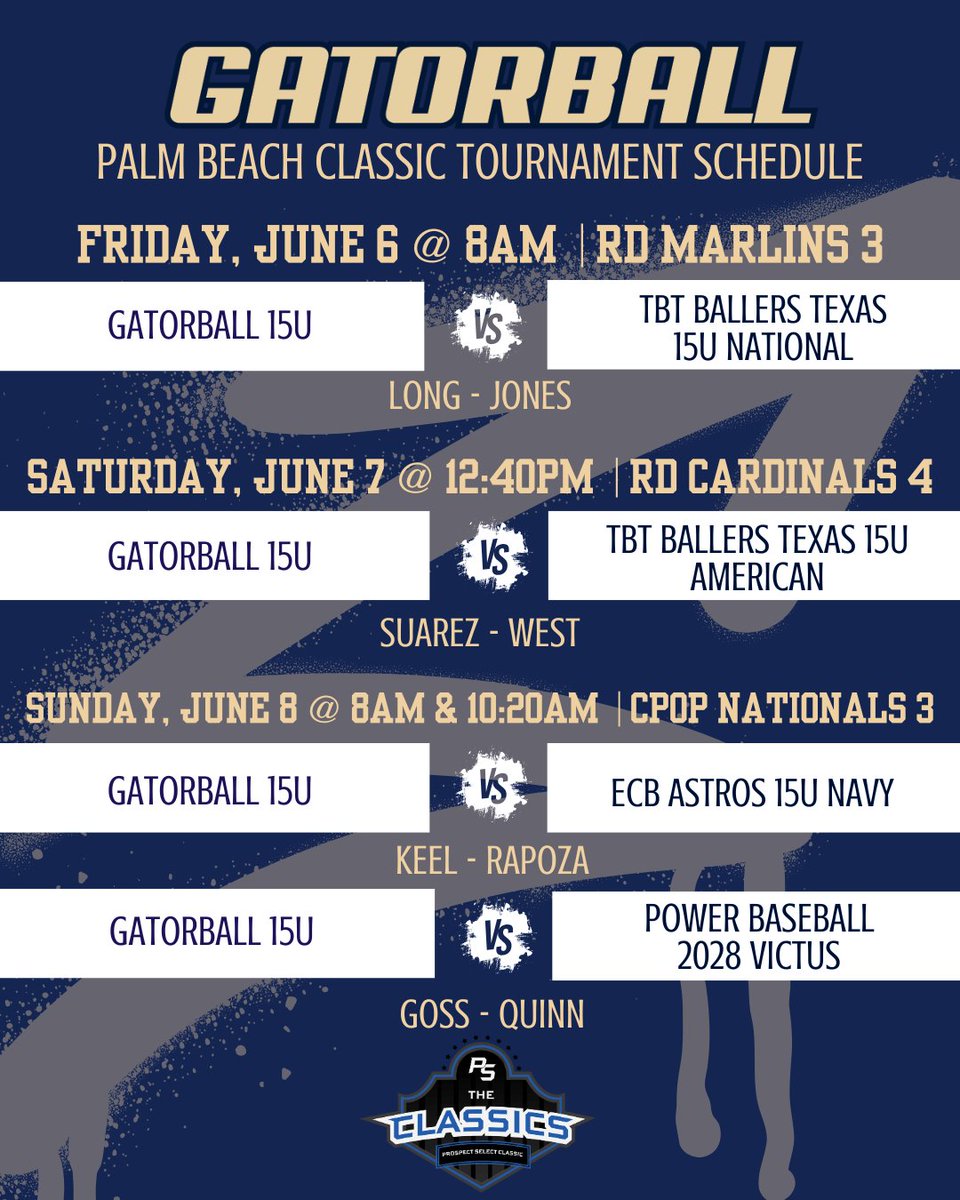 Gatorball Baseball (@_gatorball_) on Twitter photo Big weekend ahead for our 17U, 16U, 15U teams as they head to the Palm Beach Classic Tournament! Check out their schedules and be sure to follow along for game updates! 🔥👏⚾🌴
<a href="/PSBaseballinc/">Prospect Select</a> <a href="/PSBaseballScout/">Prospect Select Scout</a>
<a href="/PSBaseballinc/">Prospect Select</a> #PalmBeachClassic #psbaseball #TravelBaseball Big weekend ahead for our 17U, 16U, 15U teams as they head to the Palm Beach Classic Tournament! Check out their schedules and be sure to follow along for game updates! 🔥👏⚾🌴
<a href="/PSBaseballinc/">Prospect Select</a> <a href="/PSBaseballScout/">Prospect Select Scout</a>
<a href="/PSBaseballinc/">Prospect Select</a> #PalmBeachClassic #psbaseball #TravelBaseball