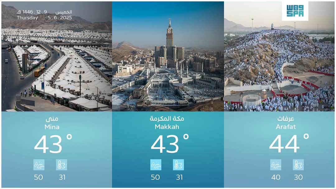 Haramain_KSA's tweet photo. Today's Thursday weather update for #Makkah, #Mina, and #Arafah." https://t.co/YvuoW5lrCr