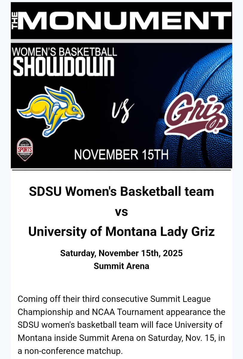 🚨 News: SDSU Women's Basketball will be playing at The Monument in Rapid City on November 15th vs Montana. Jackrabbit Men played in Rapid City this past season, now Coach AJ brings his team to Rapid City. #GoJacks