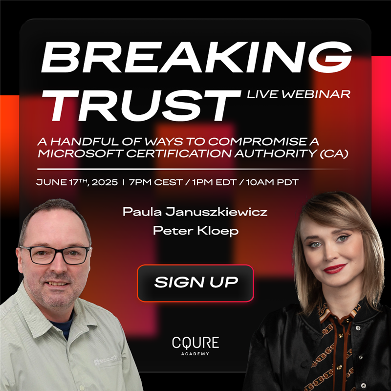 PaulaCqure's tweet photo. On June 17th, we’re hosting a FREE webinar on A Handful of Ways to Compromise a Microsoft Certification Authority, together with Peter Kloep 💪
Sign up here 👉https://t.co/7MfXkPyCUy
Who’s joining us?
#MicrosoftCA #CertificateAuthority #Cybersecurity #CybersecWebinar https://t.co/Kq2YfgvMJA