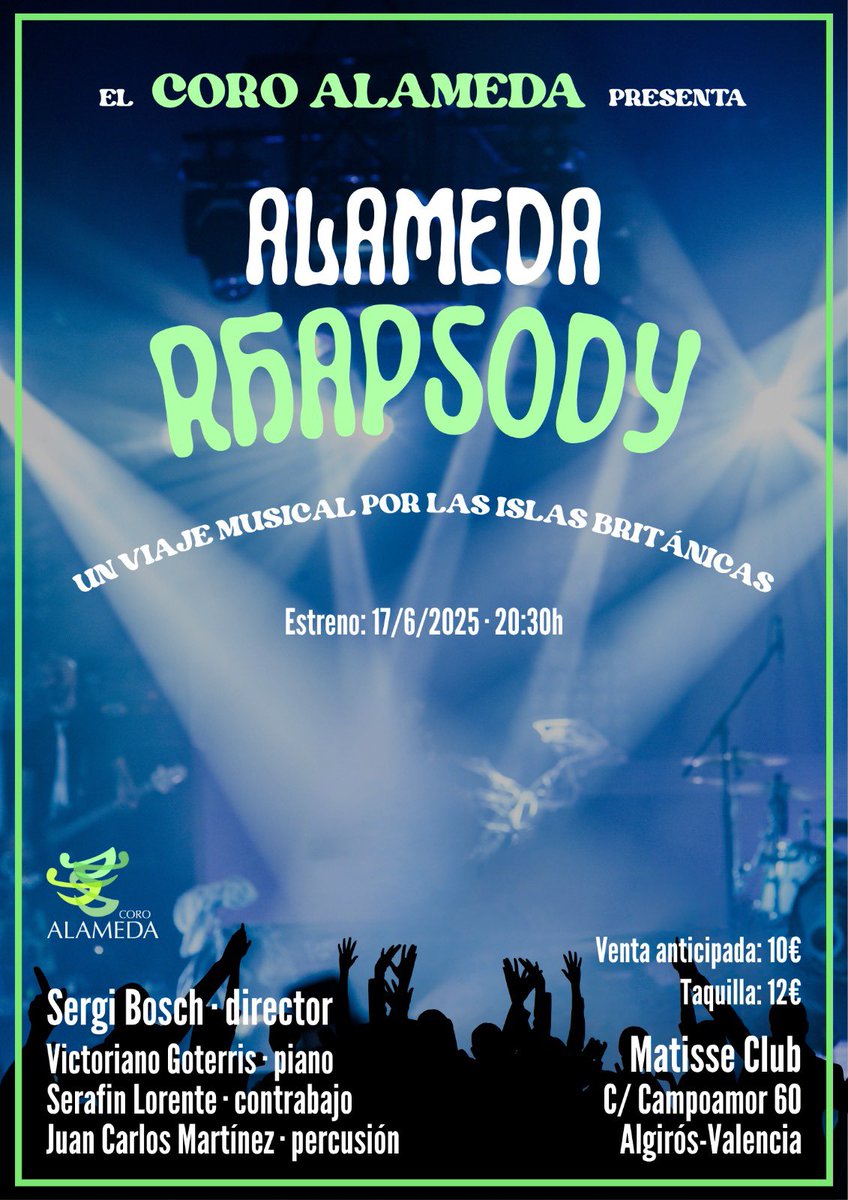 🎶 Espectáculo ALAMEDA RHAPSODY 
📍<a href="/matisseclubvlc/">Matisse Club</a> Club (C de Campoamor, 60. València)
🗓️ Martes 17 junio – 20:30h
🎟️ 10€ anticipada /12€ en taquilla
🎫 ticketandroll.com/evento/alameda…
Un viaje musical por las Islas Británicas con The Beatles, Queen, Elton John, ¡y más! 🎤🇬🇧