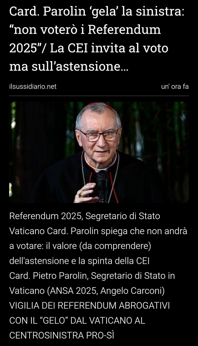 Aggiungendo come sia ormai molto tempo che non esercita più il suo diritto di voto. Da quando ha un incarico così di rilievo in Vaticano, conclude il porporato, «non ho più occasione di andare su» nel suo paesino a Schiavon, provincia di Vicenza. (Si può votare fuori sede).