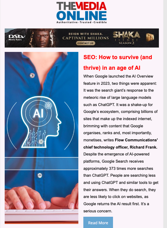 THE MEDIA ONLINE NEWSLETTER l 
* SEO: How to survive (and thrive) in an age of AI * Pillars of community to build sustainable community and small commercial media sector * Streaming’s next frontier: Why Africa needs a different playbook * Media Moves 
arena.evlink8.net/public/message…