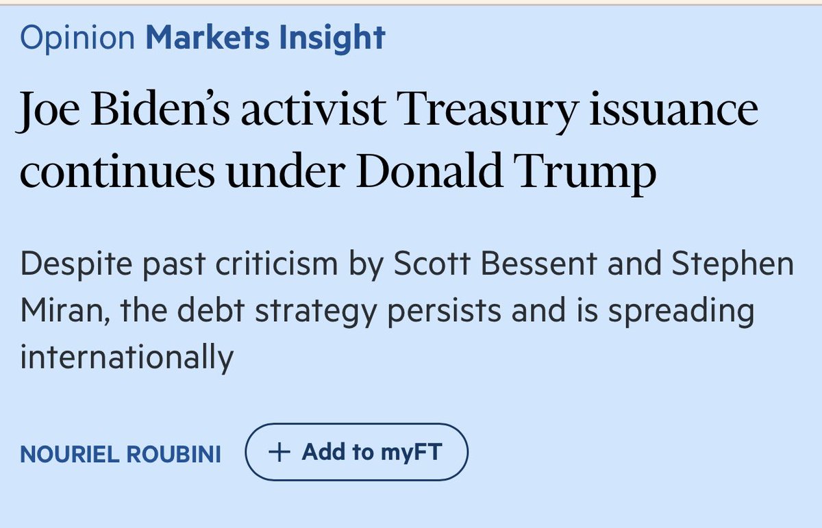 Nouriel Roubini (@nouriel) on Twitter photo Here is below the full text of my new op-ed for the <a href="/FT/">Financial Times</a>
Joe Biden’s activist Treasury issuance continues under Donald Trump
Despite past criticism by Bessent and Miran, the debt strategy persists for now and is spreading internationally
By Nouriel Roubini
The rise in Here is below the full text of my new op-ed for the <a href="/FT/">Financial Times</a>
Joe Biden’s activist Treasury issuance continues under Donald Trump
Despite past criticism by Bessent and Miran, the debt strategy persists for now and is spreading internationally
By Nouriel Roubini
The rise in