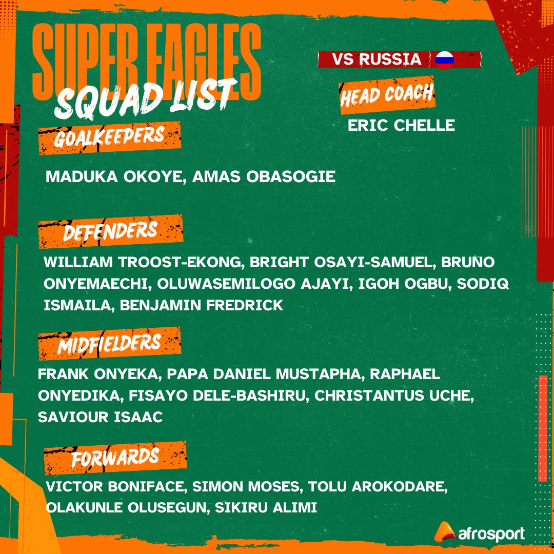 🚨 Super Eagles final squad list for the international friendly vs Russia! 🇳🇬 🆚 🇷🇺

Who are you excited to watch?

#SuperEagles | #RussiaNigeria