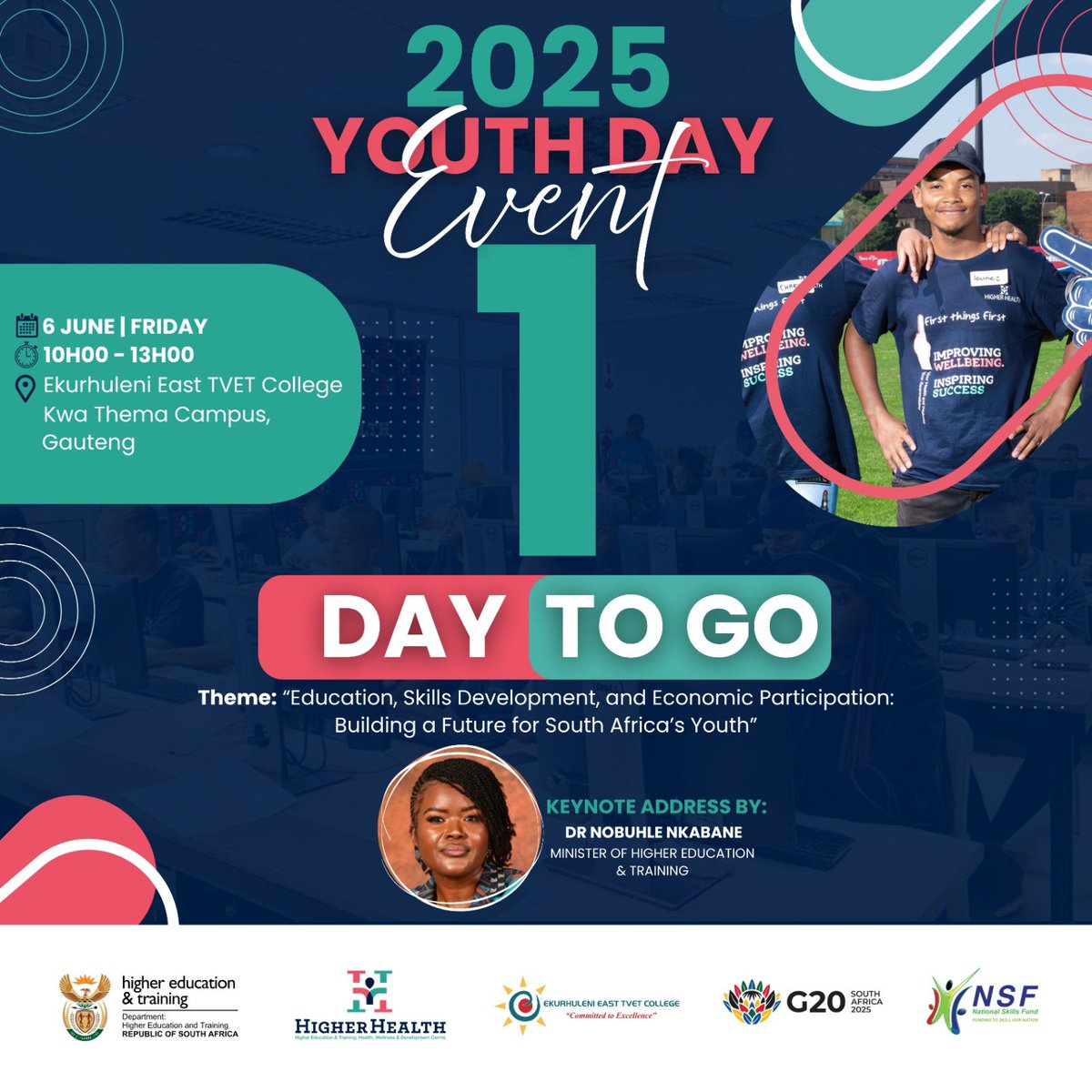 HigherHealthSA's tweet photo. Just 1 Days to Go! 
Minister of Higher Education and Training, @Dr_NobuhleN, will lead the #YouthDay2025 celebration hosted by Higher Health on Friday, 6 June 2025, from 10:00 AM to 1:00 PM at Ekurhuleni East TVET College, Kwa Thema Campus, Gauteng. https://t.co/NooO6QhImU