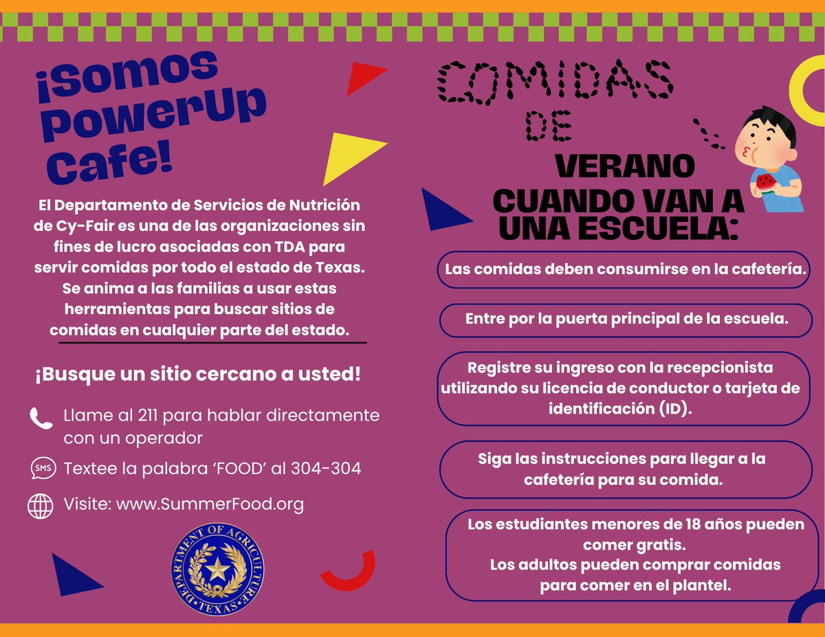 .<a href="/CyFairISD/">Cypress-Fairbanks ISD</a> El <a href="/PowerUpCafe/">Cy-Fair Nutrition</a> es una de las organizaciones sin fines de lucro que se asocia con TDA para servir comidas en el estado de Texas. Usen estas herramientas para encontrar sitios de comidas en cualquier parte del estado. ¡Nuestras 21 escuelas abiertas están incluidas!