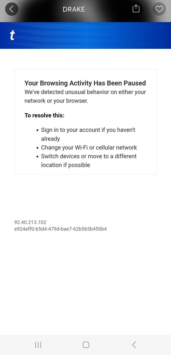 vichy2011's tweet photo. @TicketmasterCS 2nd day running getting this error. In a completely different town today and still getting the same error. 2nd day of a distraught daughter not being able to get @Drake presale tickets .... Nice one @Ticketmaster ! https://t.co/6RldsRYzWW